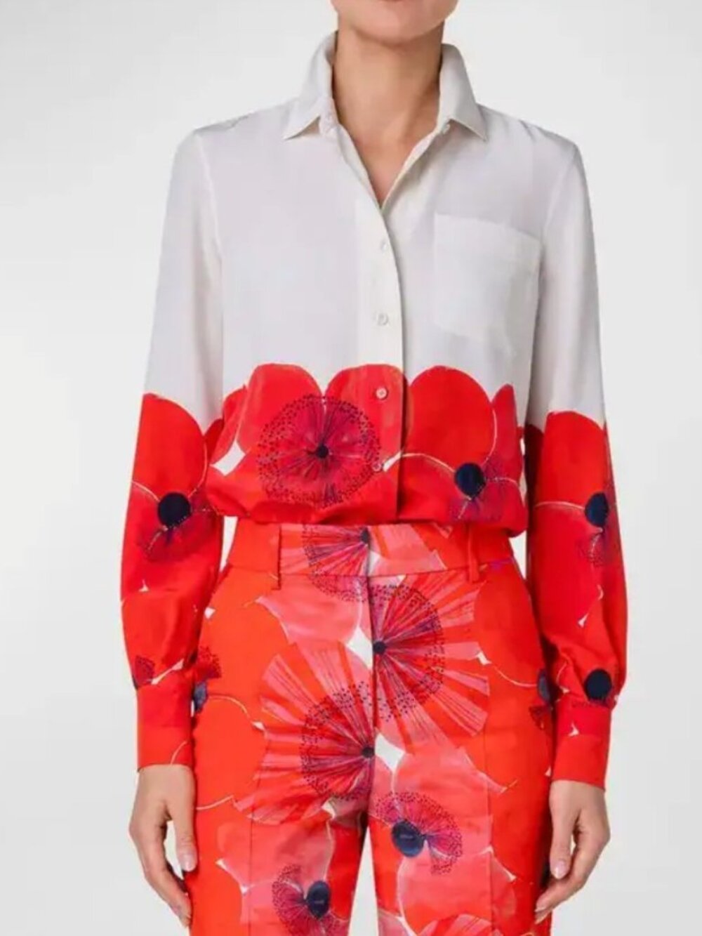 Akris silk crepe tunic blouse in an allover poppies placed print